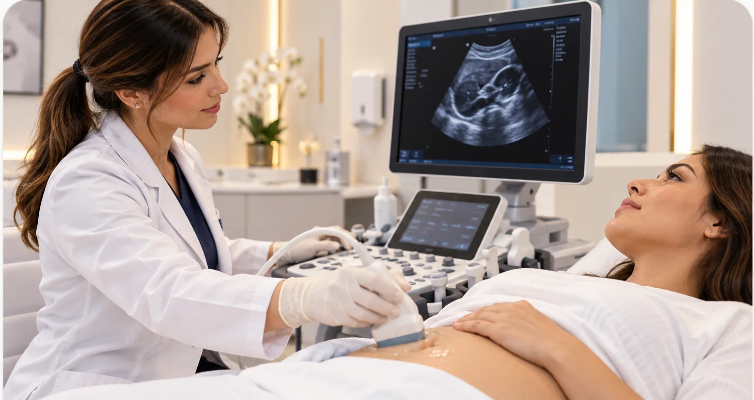 Profesional realizando una ecografía abdominal con un ecógrafo, imagen referencial